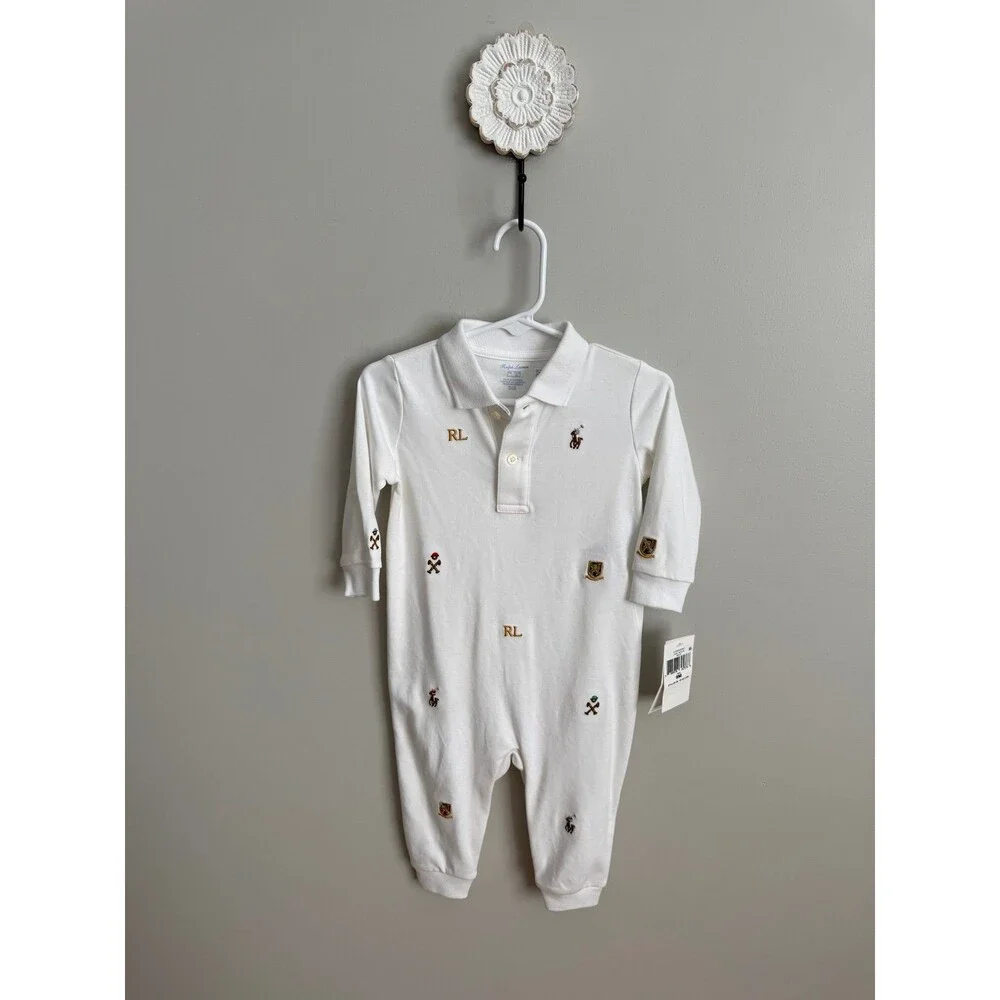 NWT Ralph Lauren Baby Boy Polo Embroidered Coverall White